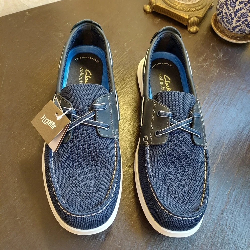 Clarks Men's Flexway Tie Oxford Boat Shoes Navy Blue US Size 8 M NEW! $110